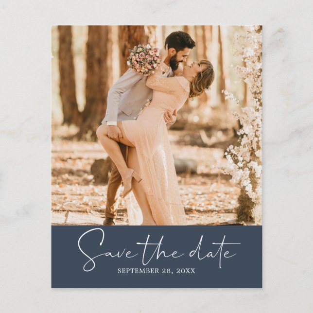 Budget Save the Date Script Dark Blue Foto Flyer (Vorne)