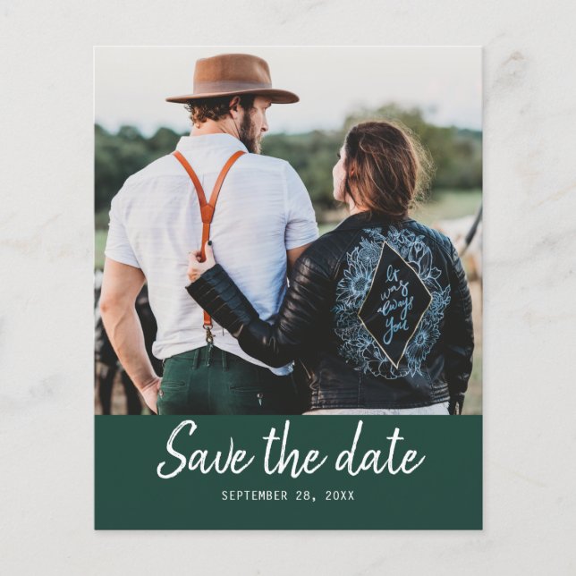 Budget Save the Date Script Dark Green Foto Flyer (Vorne)