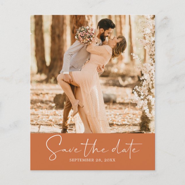 Budget Save the Date Skript Burnt Orange Foto Flyer (Vorne)
