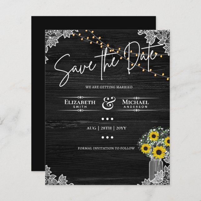 BUDGET Save the Date Spitzen Sonnenblumen Hochzeit (Vorne/Hinten)