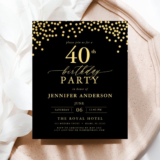 Budget Schwarz und Gold Script 40. Geburtstag Flyer (Von Creator hochgeladen)