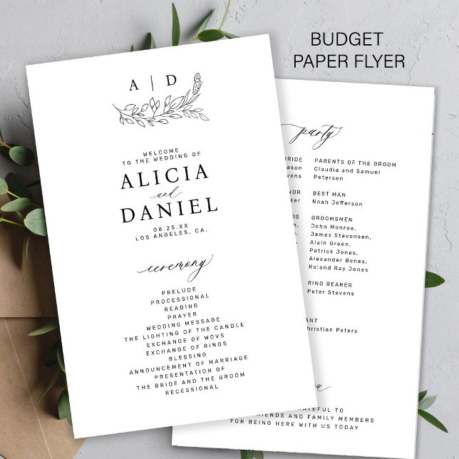 Budget schwarz-weißes Monogramm-Hochzeitsprogramm Flyer (Von Creator hochgeladen)