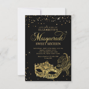 BUDGET Schwarzes Gold Maskerade Sweet 16 Foto Mitteilungskarte