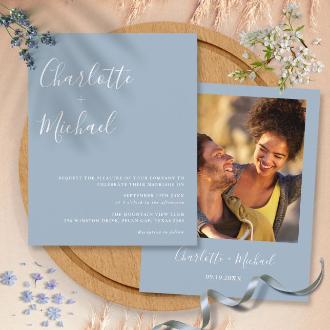 Budget Script Dusty Blue Foto Hochzeit Einladung (Budget Script Dusty Blue Photo Wedding Invitation)