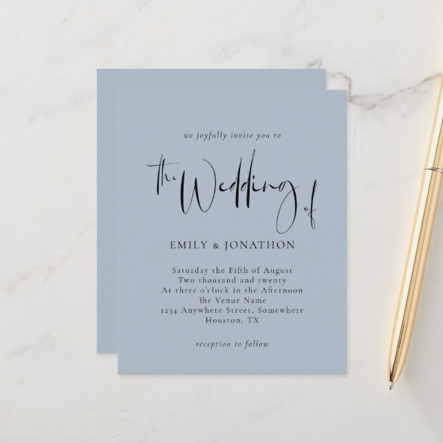 Budget Script Dusty Blue Wedding Einladung (Vorderseite/Rückseite Beispiel)