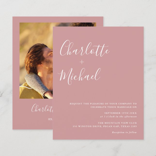 Budget Script Dusty Rose Foto Hochzeit Einladung (Vorne/Hinten)