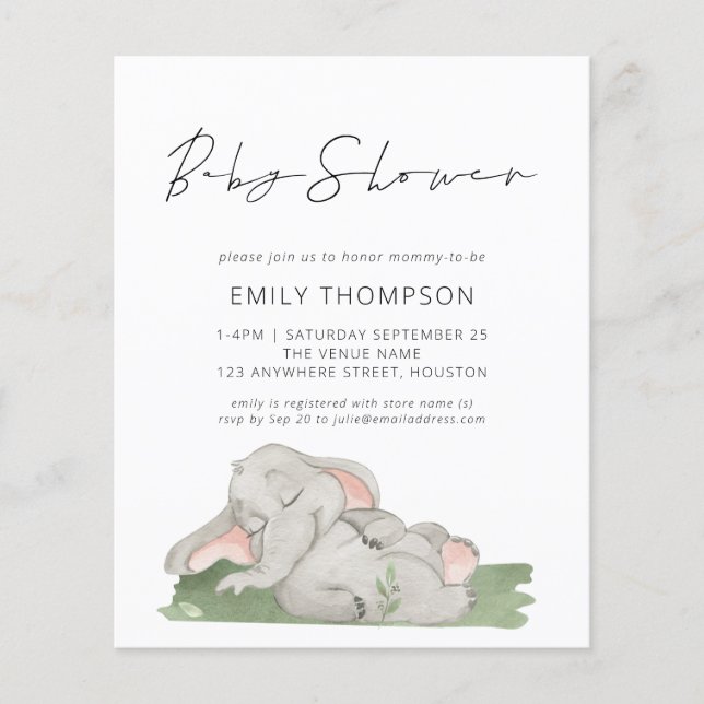 Budget Script Elephant Baby Shower Einladung (Vorderseite)