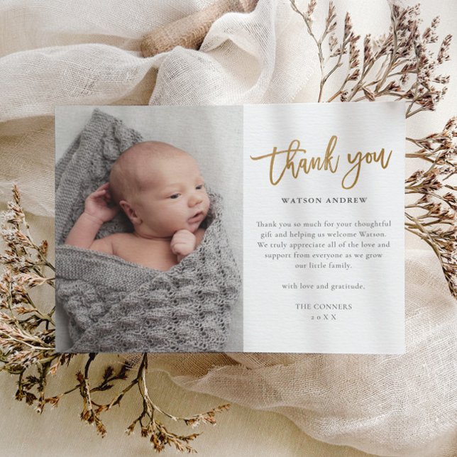 Budget Script Foto Baby Danke Karte (Elegant Gold Thank You Script Baby Photo Thank You Card.)