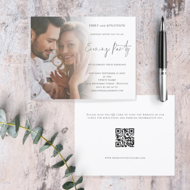 Budget Script Foto QR Code Hochzeitsfeier Abend Ei (Front and back view. Smaller budget price alternative. Part of a larger matching wedding suite)