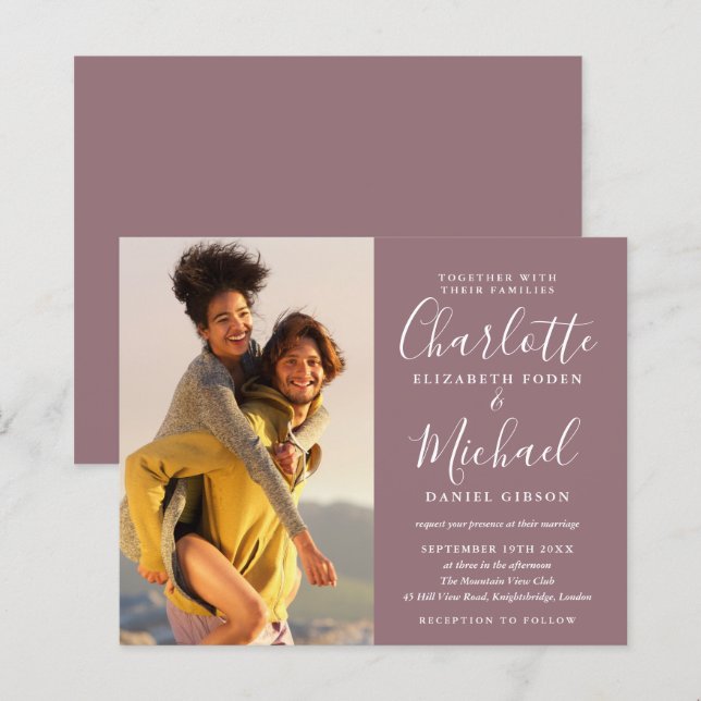 Budget Script Foto Wedding Mauve Einladung (Vorne/Hinten)