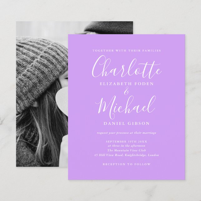 Budget Script Lilac Foto Hochzeit Einladung (Vorne/Hinten)