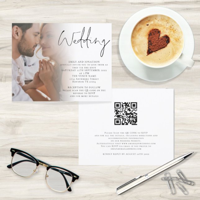 Budget Script Photo QR Code Wedding Invitation (Front and back view. Budget price smaller alternative)