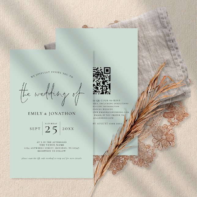 Budget Script QR Code Mint Green Wedding Einladung (Von Creator hochgeladen)