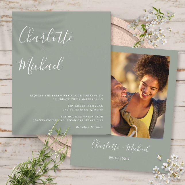 Budget Script Sage Green Foto Hochzeit Einladung (Budget Script Sage Green Photo Wedding Invitation)