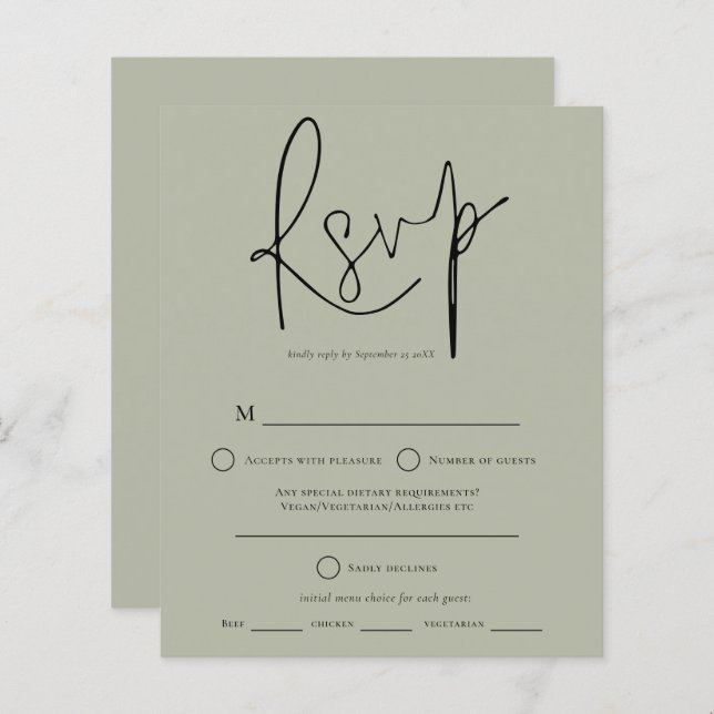 Budget Script Sage Green Wedding RSVP (Vorne/Hinten)