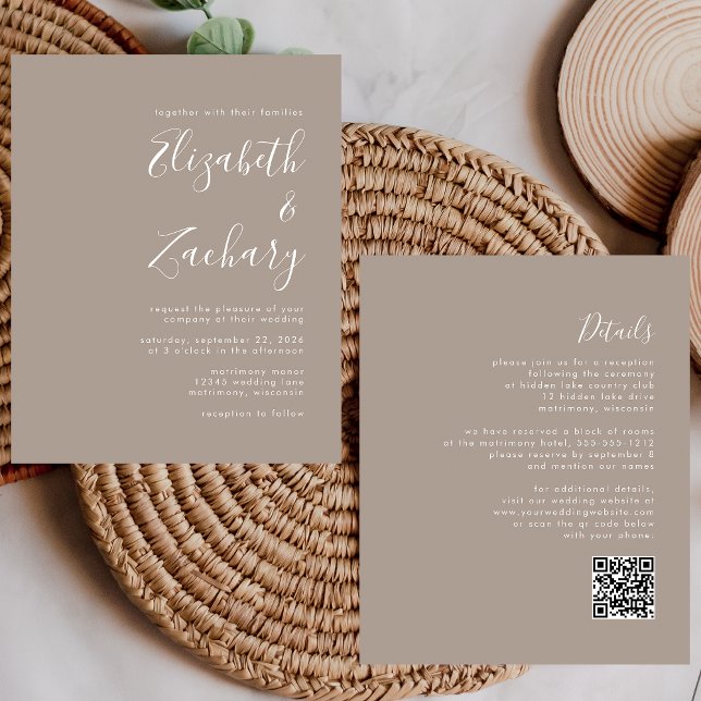 Budget Script Taupe QR Code Wedding Einladung (Von Creator hochgeladen)