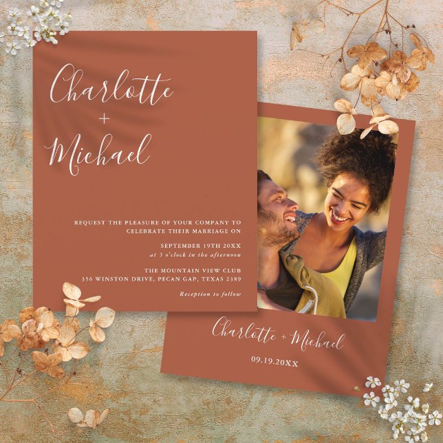 Budget Script Terracotta Foto Hochzeit Einladung (Budget Script Terracotta Photo Wedding Invitation)