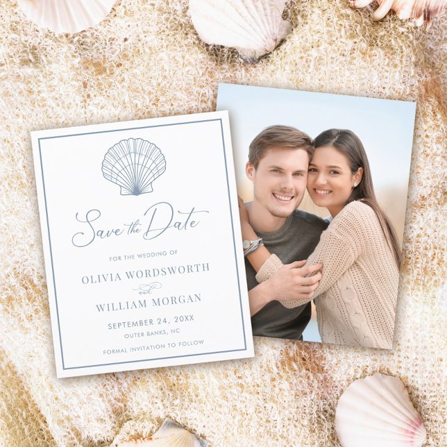 Budget Seashell Beach Dusty Blue Save the Date (Von Creator hochgeladen)