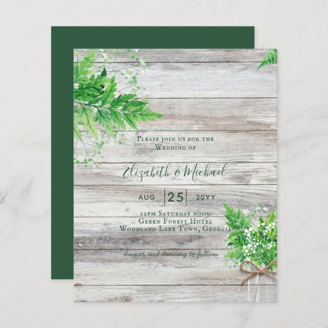 BUDGET Shabby Greenery Chic Wedding Einladung (Vorne/Hinten)