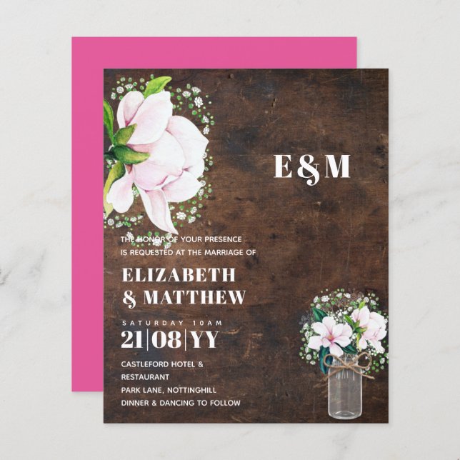 BUDGET Shabby Pink Magnolia Chic Wedite Einladung (Vorne/Hinten)