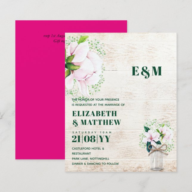 BUDGET Shabby Pink Magnolia Chic Wedite Einladung (Vorne/Hinten)