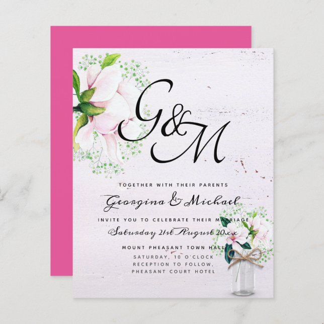 BUDGET Shabby Pink Magnolia Chic Wedite Einladung (Vorne/Hinten)