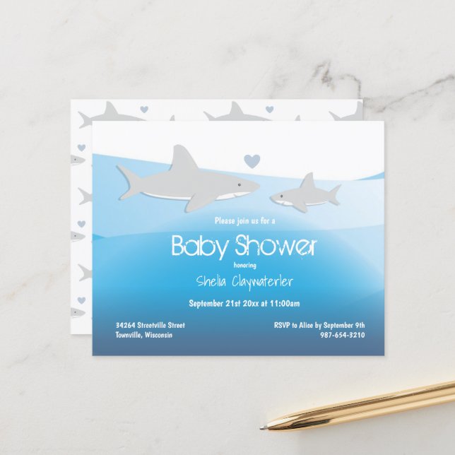 Budget Shark Blue Ocean Baby Dusche Einladung (Vorderseite/Rückseite Beispiel)