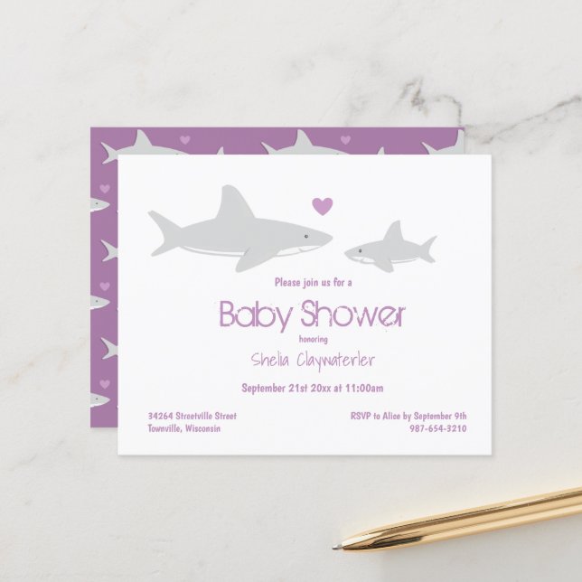 Budget Shark Lila White Baby Dusche Einladung (Vorderseite/Rückseite Beispiel)