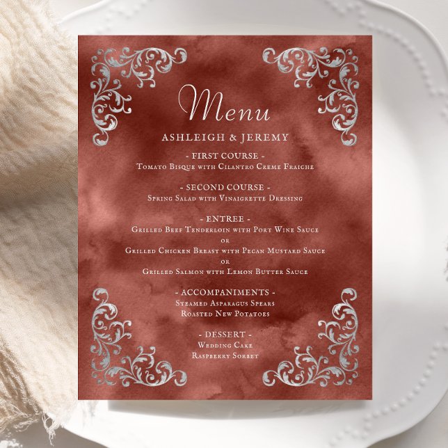 Budget Silber-Zimt-Rost Vintage-Hochzeitsmenü (Von Creator hochgeladen)