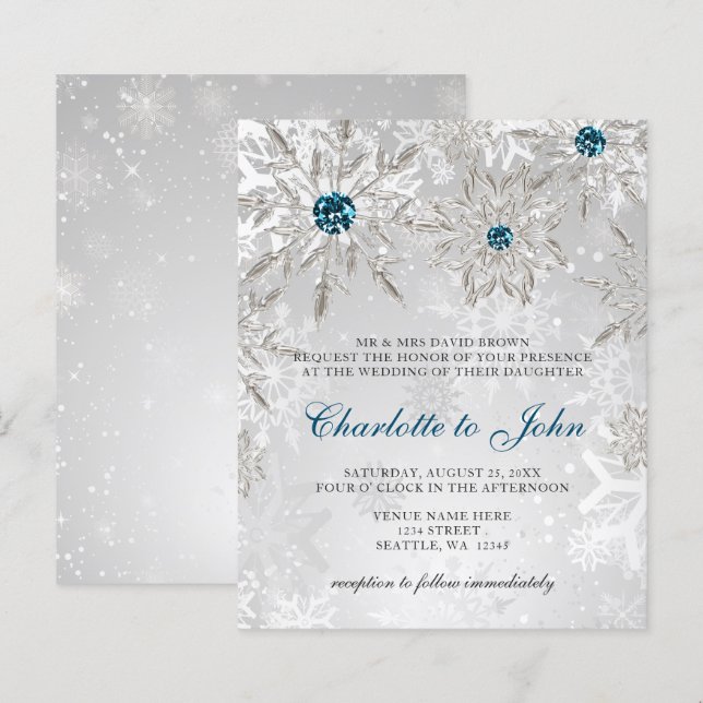 Budget Silver Aqua Snowflakes Einladung Hochzeit (Vorne/Hinten)