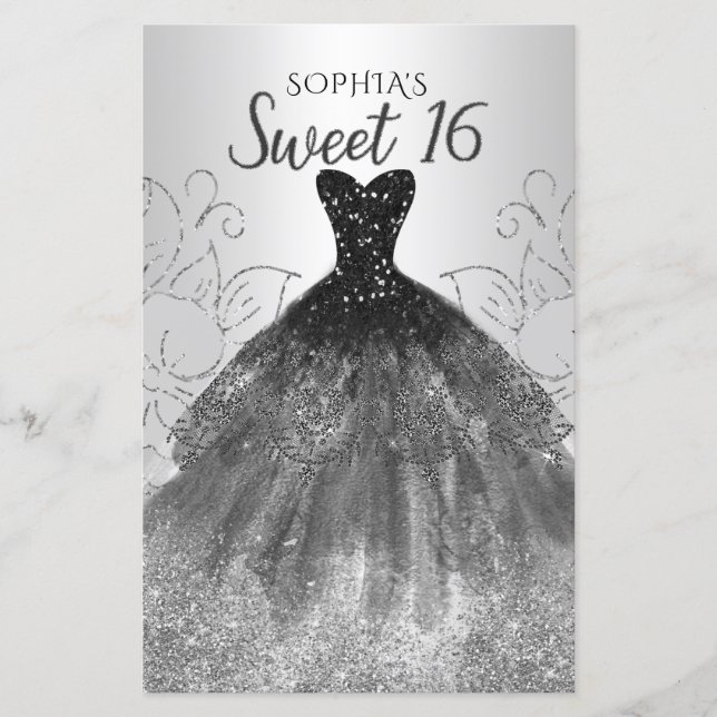 Budget Silver Black Dress Sweet 16 Einladung (Vorderseite)