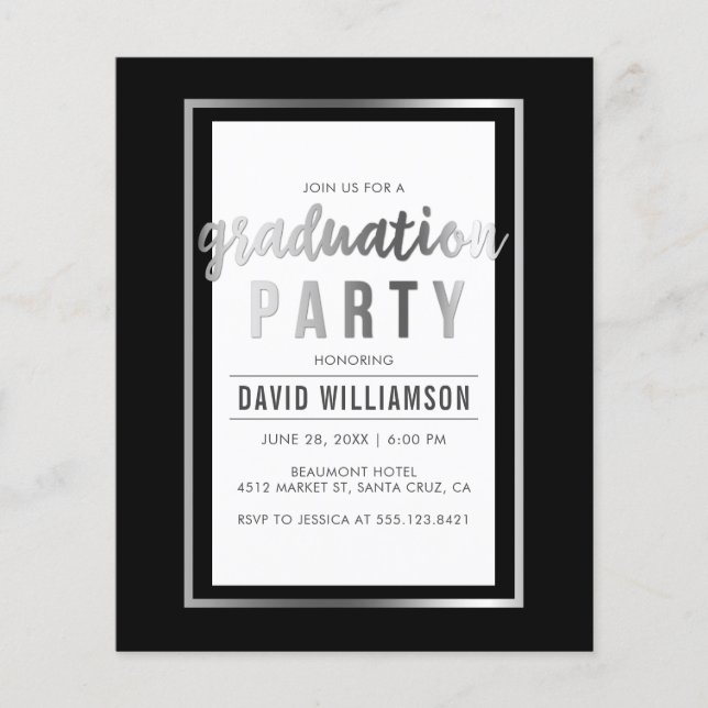Budget Silver & Black Typografy Graduation Party (Vorderseite)