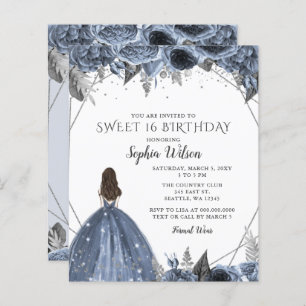 Budget Silver Dusty Blue Dress Sweet 16 Einladung