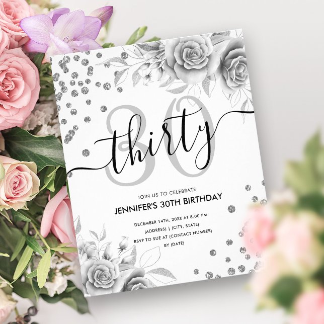 Budget Silver Floral Glitzer 30. Geburtstag Flyer (Budget Silver Floral Glitter 30th Birthday Flyer)