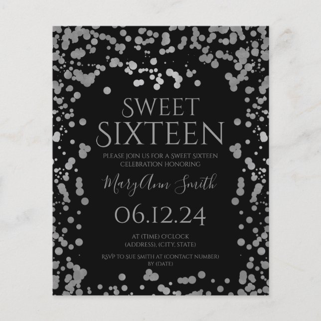 Budget Silver Foil Confetti Sweet 16 Einladen Schw Flyer (Vorne)