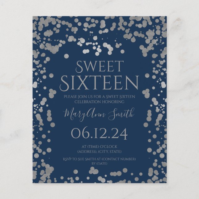 Budget Silver Foil Confetti Sweet 16. Invite Navy Flyer (Vorne)