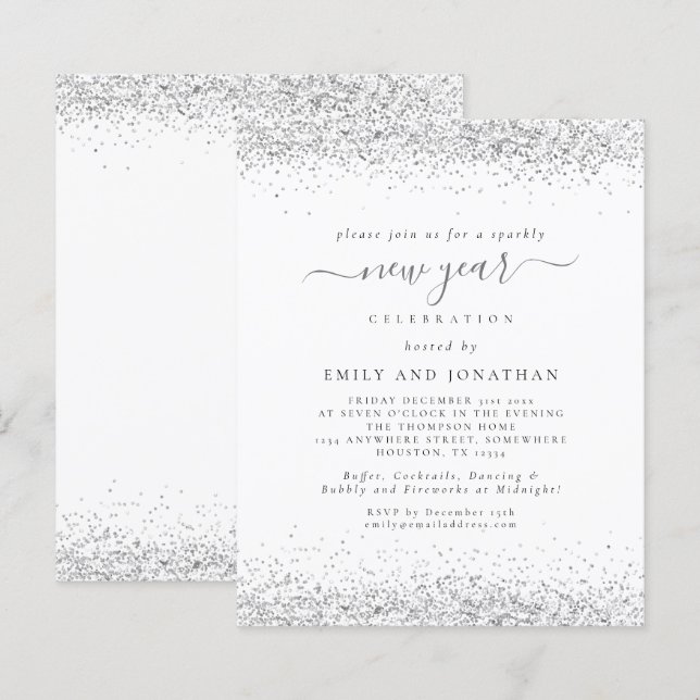 Budget Silver Gilitter White New year Party Invit (Vorne/Hinten)