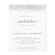 Budget Silver Glitzer 16 . Geburtstag Einladung