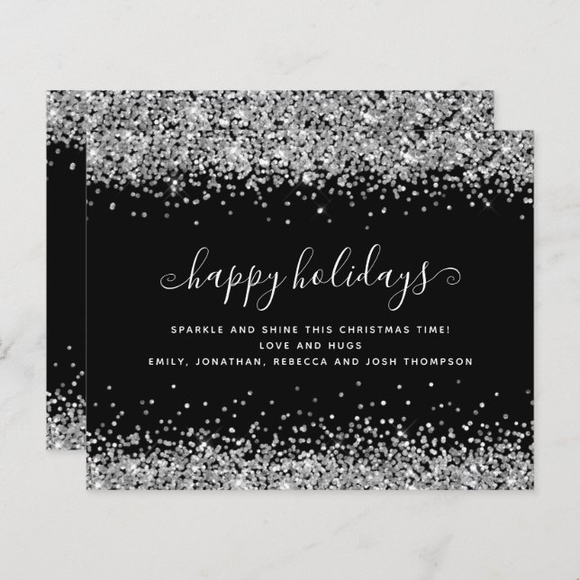 Budget Silver Glitzer Black Happy Holidays Card (Vorne/Hinten)