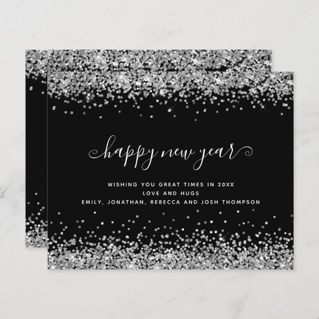 Budget Silver Glitzer Black Happy New Year Card (Vorne/Hinten)