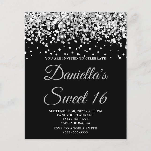 Budget Silver Glitzer Black Sweet 16 Einladung (Vorderseite)