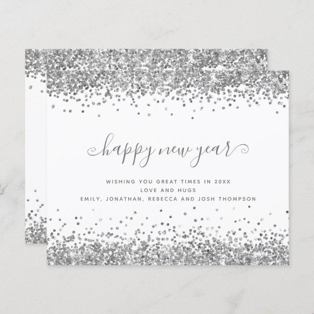 Budget Silver Glitzer Borders Happy New Year Card (Vorne/Hinten)