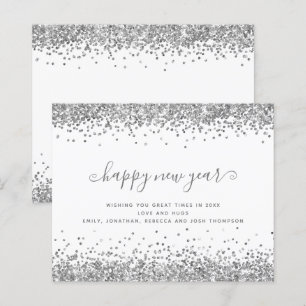 Budget Silver Glitzer Borders Happy New Year Card