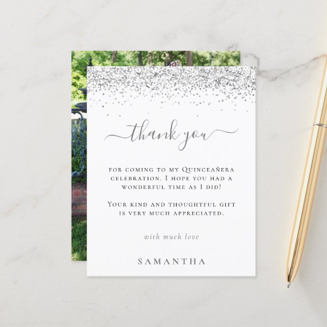 Budget Silver Glitzer Foto Quinceanera Vielen Dank (Vorderseite/Rückseite Beispiel)