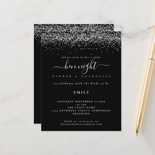 Budget Silver Glitzer Hen Night Black Einladung (Vorderseite/Rückseite Beispiel)