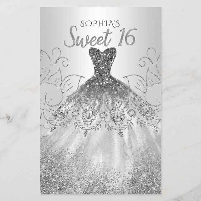 Budget Silver Glitzer Kleid Sweet 16 Einladung (Vorderseite)