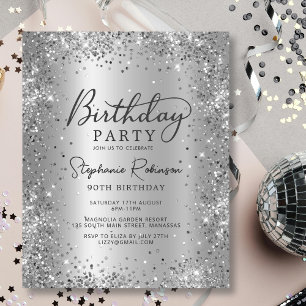 Budget Silver Glitzer Metal 90. Geburtstag Einladu