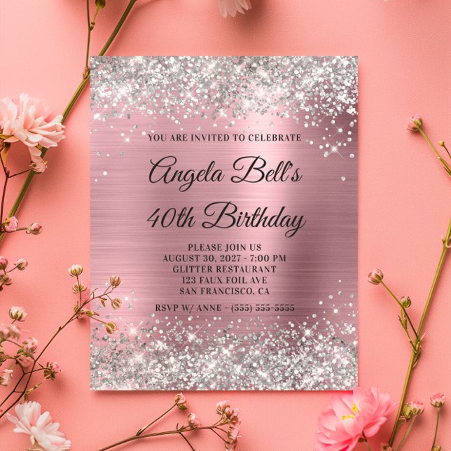 Budget Silver Glitzer Pink 40. Geburtstag Einladun (Budget Silver Glitter Pink 40th Birthday Invite)
