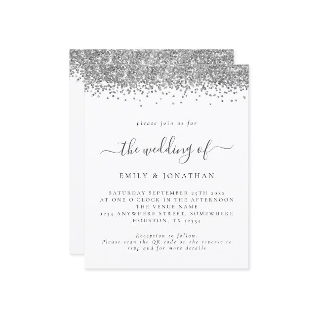 Budget Silver Glitzer QR Code Einladung Hochzeitsf (Vorderseite/Rückseite Beispiel)