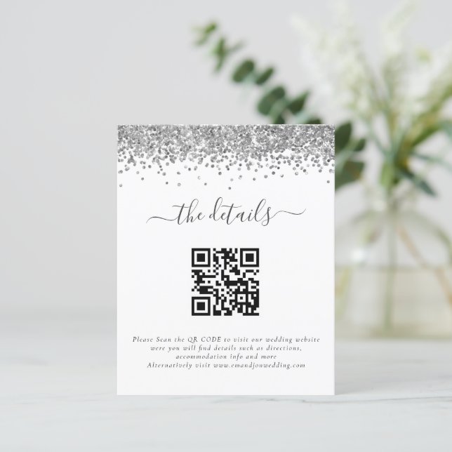 Budget Silver Glitzer QR Code Hochzeitsdetails (Stehend Vorderseite)